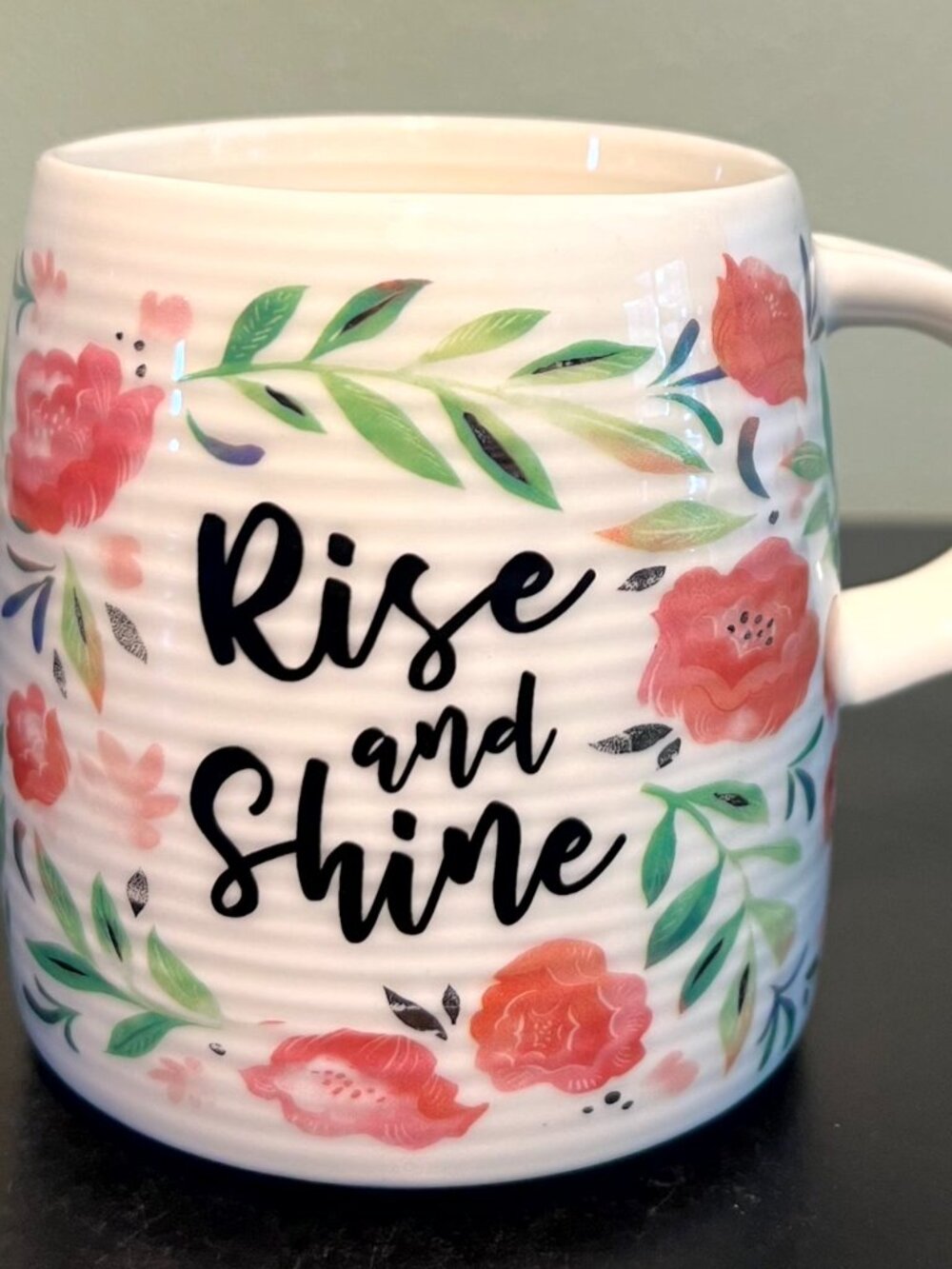 Cypress Home RISE AND SHINE Floral Ceramic Coffee Mug Ribbed 12oz